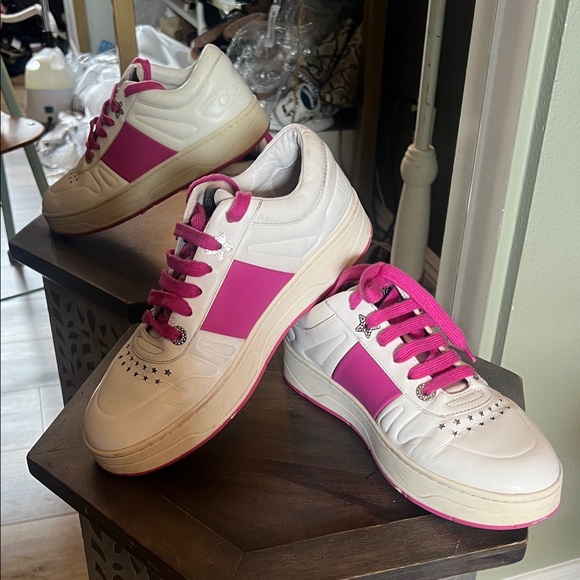 🛑 1 hour sale. Jimmy Choo, size 38 EU Hawaii Leather Strip Pink/ White Athletic - Picture 6 of 16